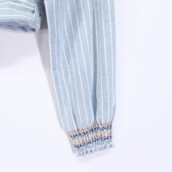 Miss Me Embroidered Linen Wrap Top Size Large Striped Crop Waist Tie Chambray - Picture 15 of 16